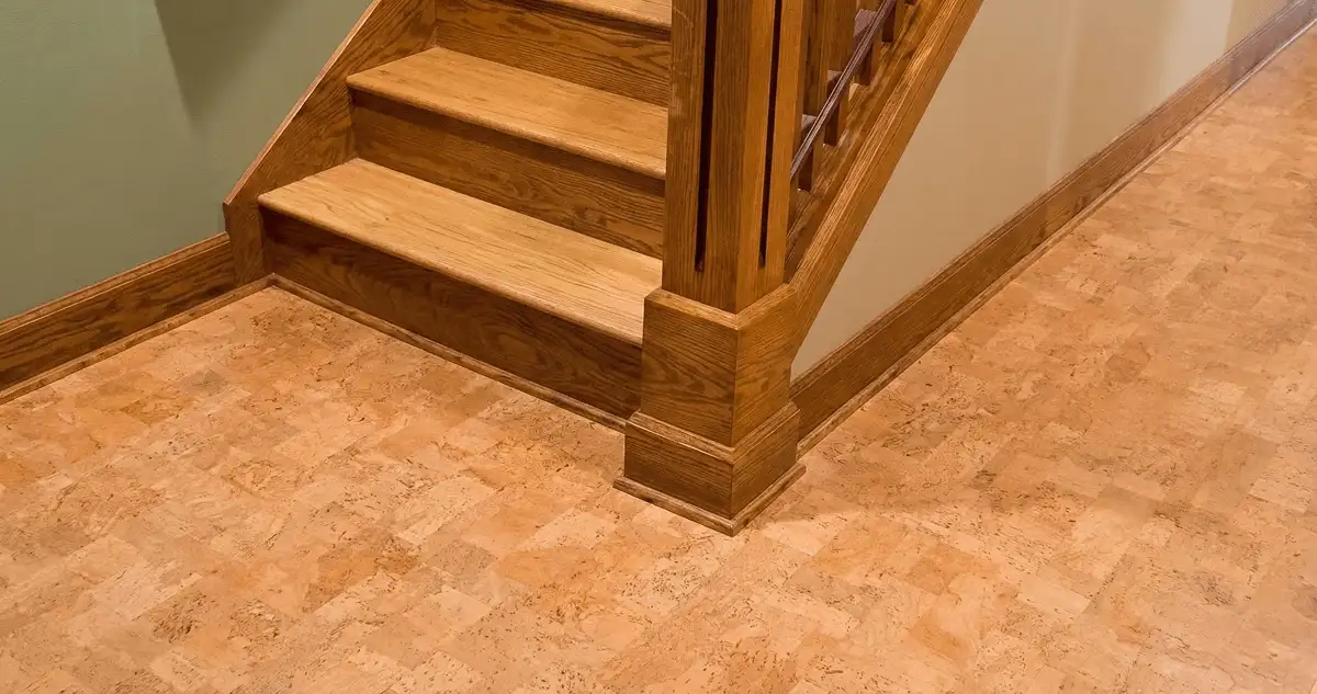 End of a staircase with cork flooring in Wilmington, NC