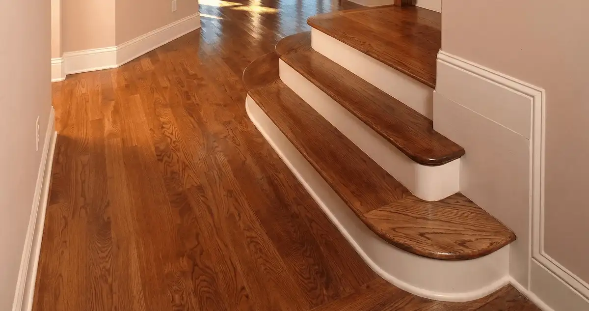 Base floor of a staircase with professionally restored wood flooring in Wilmington NC