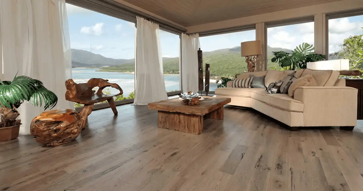 Professionally installed vinyl flooring in a modern living room with large windows in Wilmington, NC